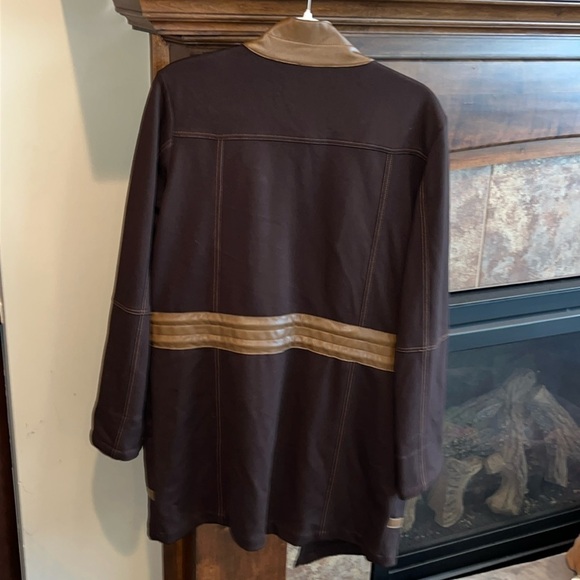 Dark brown stretchy open tan faux leather trim Lysse Margaret Parka jacket M - Picture 11 of 13